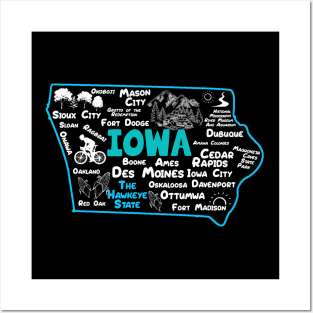 the hawkeye state Iowa map Des Moines Sioux City, Mason City, Boone, Davenport, Ottumwa, Fort Madison Posters and Art